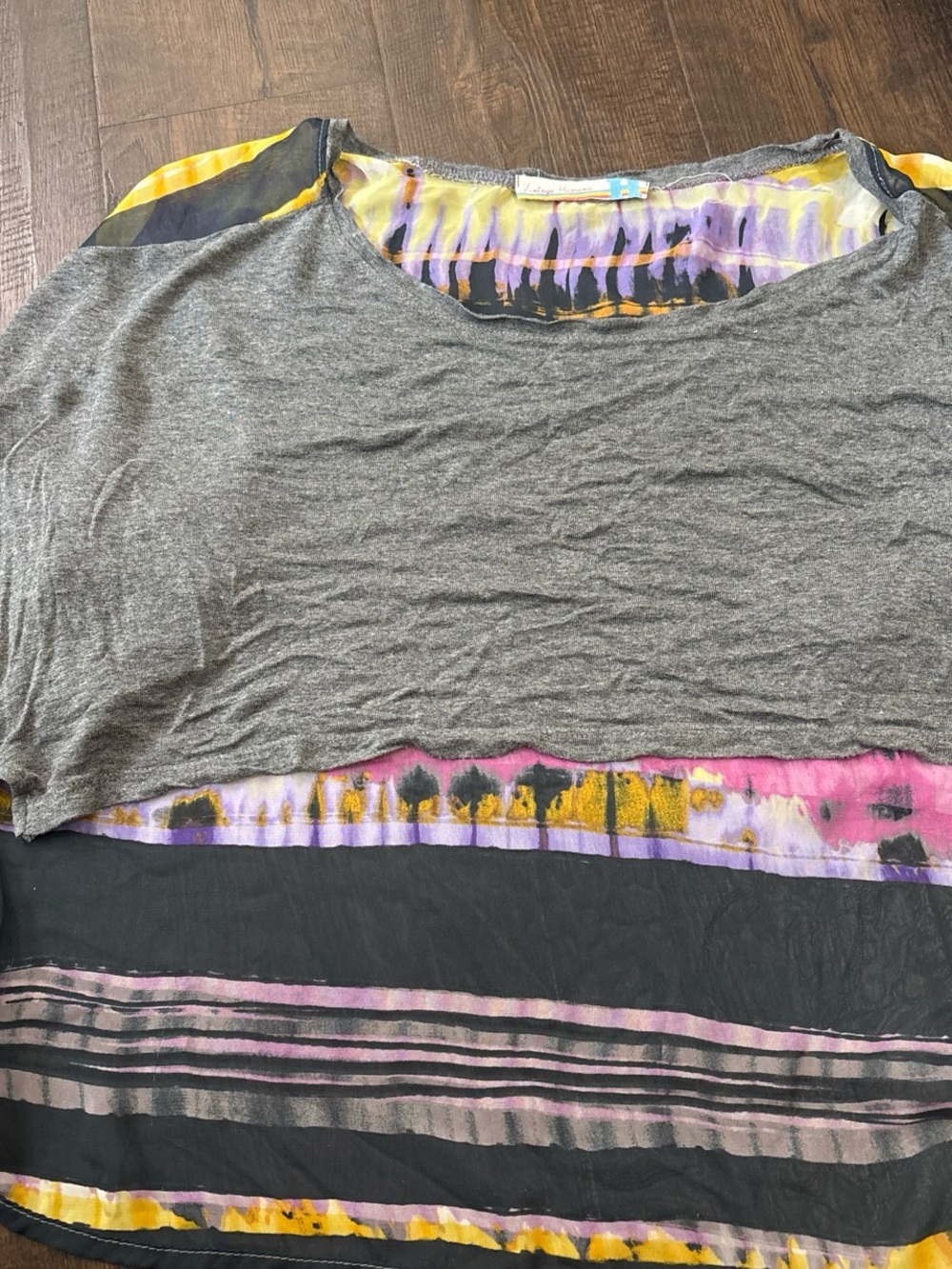 Vintage Havana Grey Scoop Neck Top with Pink Purple Yellow Tie-Dye Accents